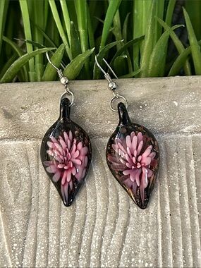 Handblown Glass Pink Floral Teardrop dangle drop Earrings - Women Jewelry